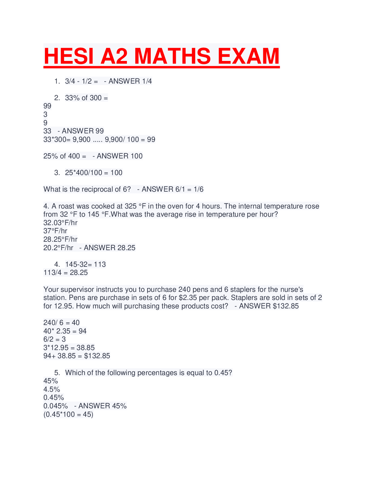 HESI A2 MATHS EXAM LATEST SOLUTIONS Browsegrades